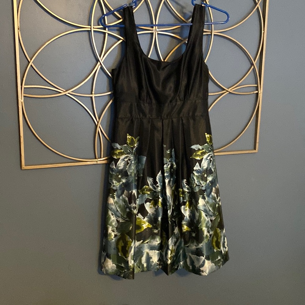Black with blue and green floral pattern silk feel dress.